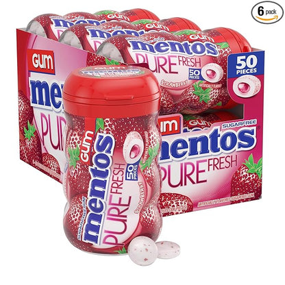 Mentos Pure Fresh Holiday Sugar-Free Chewing Gum with Xylitol, Strawberry, Christmas Stocking Stuffers for Adults & Kids, 50 Piece Bottle (Bulk Pack of 6)