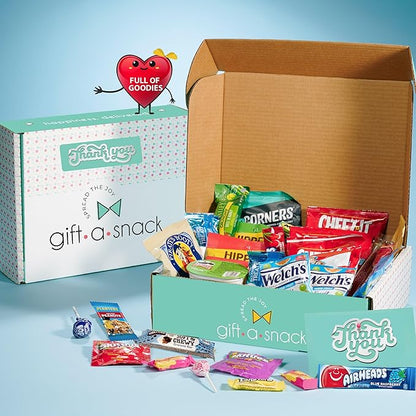 Gift A Snack - Thank You Snack Box Variety Pack Care Package + Greeting Card (45 Count) Appreciation Sweet Treats Gift Basket, Candies Chips Crackers Bars - Cravy Food Assortments & Variety Gifts