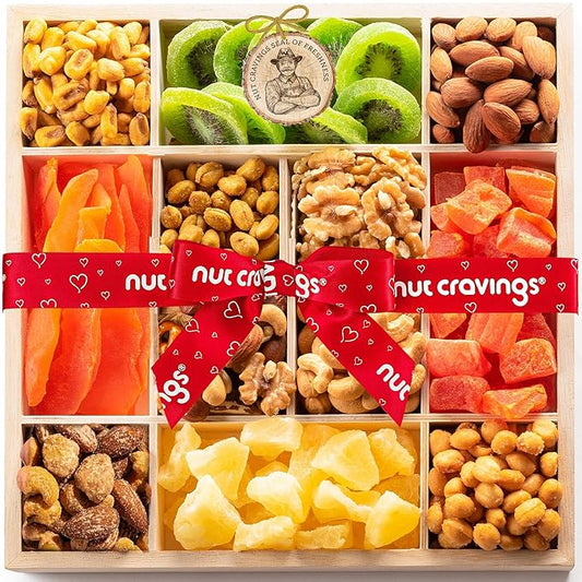 NUT CRAVINGS - Thanksgiving Dried Fruit & Mixed Nuts Gift Basket in Reusable Wooden Tray + Ribbon (12 Assortments) Holiday Xmas Christmas Food Arrangement, Healthy Snack Care Package,