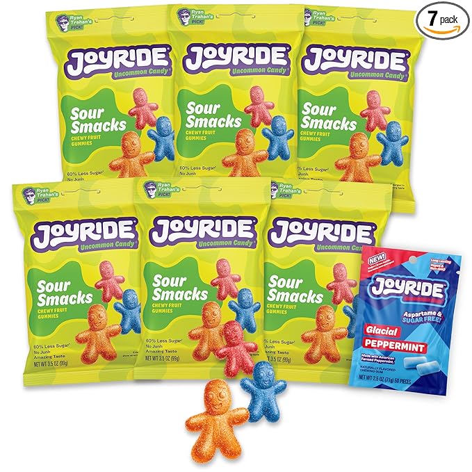 JOYRIDE Sour Smacks - 3.5 oz 6-Pack Bundle with 2.5oz Glacial Peppermint Gum, Low Sugar, Low Calorie Snacks, Dye Free and Plant Based Candy (7 Items)