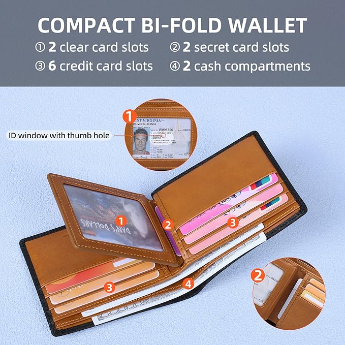 VISOUL Mens Carbon Fiber Leather Bifold Wallet with 2 ID Windows, RFID Blocking Stylish Wallet for Men with 2 Cash Compartments (Black+Yellow)