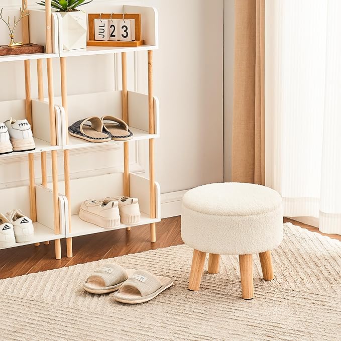 Poofzy Small Ottoman with Storage, Small Foot Stool Ottoman with Wood Legs, Sherpa Foot Rest for Couch, Living Room and Bedroom - White