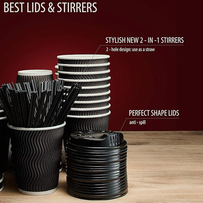 Primens Insulated Disposable Coffee Cups with Lids & Straws 12 oz, 100 Packs - Paper Cups for Hot Beverage Drinks To Go Tea Coffee Home Office Car Coffee Shop Party (Black)