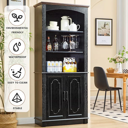 Black 5 Tier Book Shelf and Bookshelf with Storage Cabinet Doors, 72 Inch Tall Bookcase, Wooden Cube Storage Organizer, Kids Bookshelf, Display Cabinet for Bedroom Furniture, Living Room, Pantry