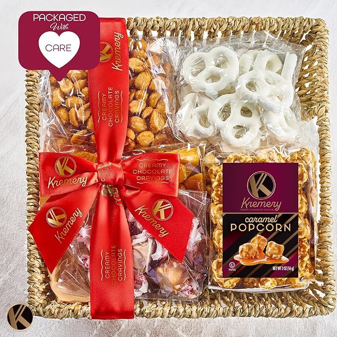 KREMERY Creamy Chocolate Cravings - Thanksgiving Chocolate Covered Pretzels & Caramel Popcorn Gift Basket, in Seagrass Tray + Ribbon (Classic, 1.5 lbs) Holiday Xmas Christmas