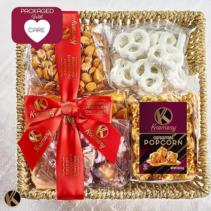 KREMERY Creamy Chocolate Cravings - Thanksgiving Chocolate Covered Pretzels & Caramel Popcorn Gift Basket, in Seagrass Tray + Ribbon (Classic, 1.5 lbs) Holiday Xmas Christmas