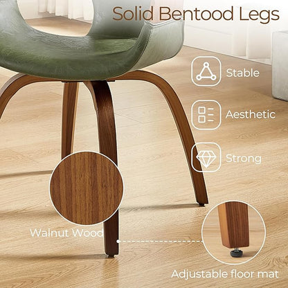 Art Leon Desk Chair No Wheels Set of 2, Mid Century Modern Office Chair, Faux Leather Upholstered Swive Chair with Wood Legs for Living Room Bedroom, Walnut Bentwood, Green/Walnut