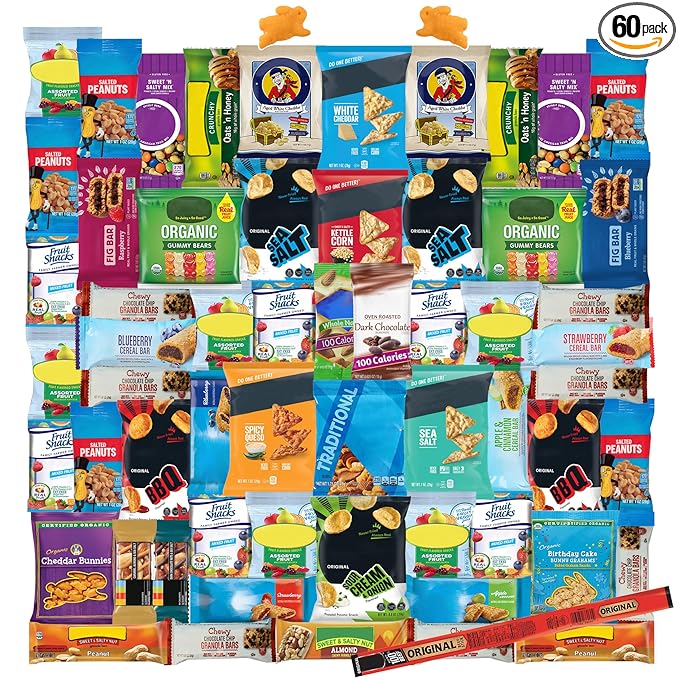 Foxy Fane 60-Count Holiday Gift Box - Assortment of 60 Healthy Snacks & Treats - Perfect Variety Pack for Back to School, Easter, Christmas & New Year’s - Great for Family, Friends, or Office Gifting