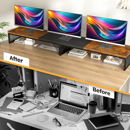 EnHomee 55.2" Computer Monitor Stand, Desk Shelf for Top of Desk for 3 * 23" Monitors/Laptop Computer/PC/Printers, TV Riser for 65 60 55 Inch TV for Bedroom Home Office, Rustic Brown