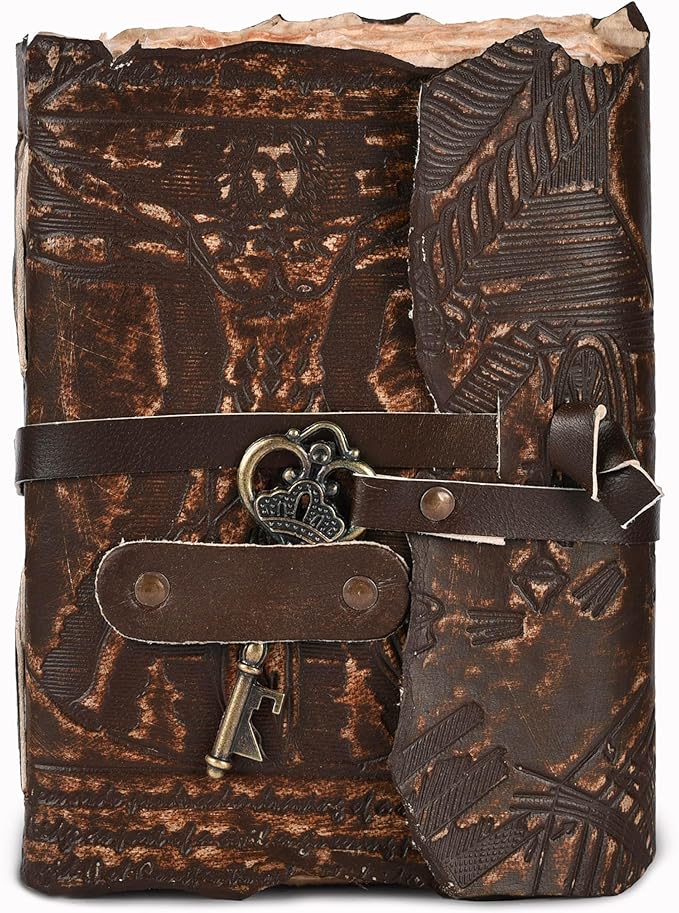 LEATHER VILLAGE Genuine Leather Handmade Journal for Men & Women – Vitruvian Man Embossed Cover – Key Closure – Book of Shadow – Vintage Deckle Edge Paper for Writing, Drawing – 7x5 Inches – Brown