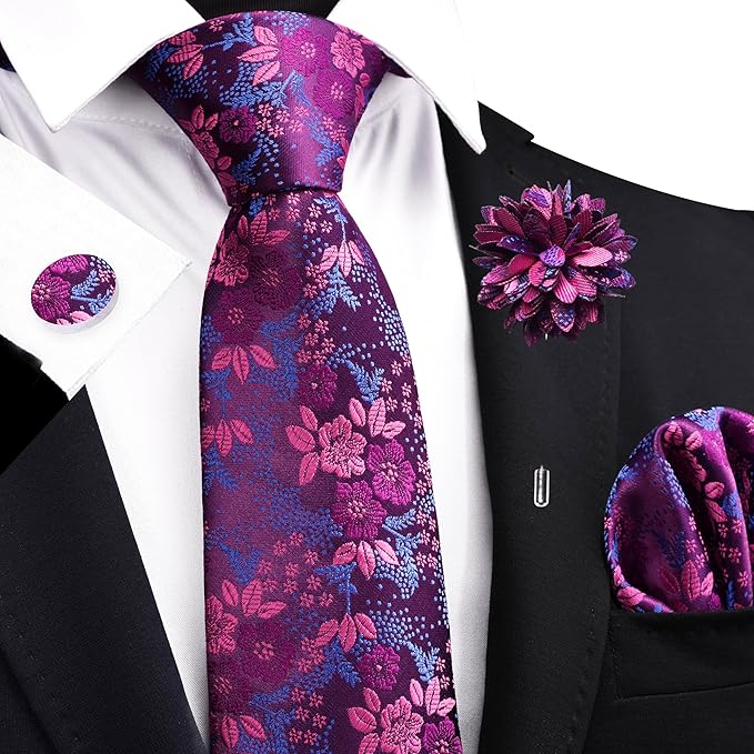 GUSLESON 3.15"（8cm） Mens Floral Tie and Lapel Pin Necktie Hankerchief Cufflinks Set for Men