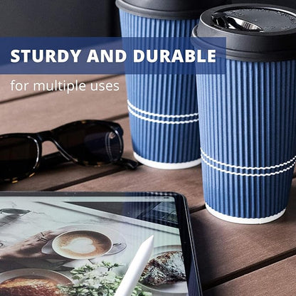 Disposable Coffee Cups With Lids - 16 oz To Go Coffee Cup (70 Set). Large Travel Cups Hold Shape With Hot and Cold Drinks, No Leaks! Insulated Ripple Cup Protect Hands, No Sleeves needed!