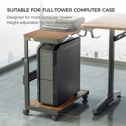 EUREKA ERGONOMIC PC Stand Computer Cart, Height Adjustable Tower Stand 2-Tier Suit for ATX Case Printer, Metal Rolling Cart on Wheels for Gaming Home Office, Walnut