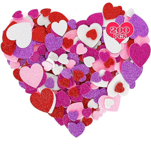 200 PCS Valentines Stickers, Self-Adhesive Glitter Foam Heart Stickers, 3 Sizes Red White Purple Heart Stickers Valentines Decor Crafts, Valentine Stickers for Greeting Cards Scrapbook DIY