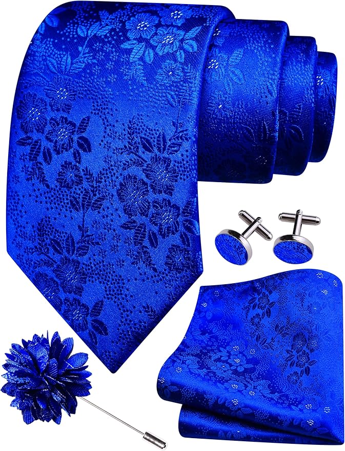 GUSLESON 3.15"（8cm） Mens Floral Tie and Lapel Pin Necktie Hankerchief Cufflinks Set for Men