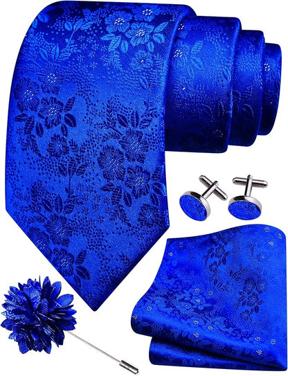 GUSLESON 3.15"（8cm） Mens Floral Tie and Lapel Pin Necktie Hankerchief Cufflinks Set for Men