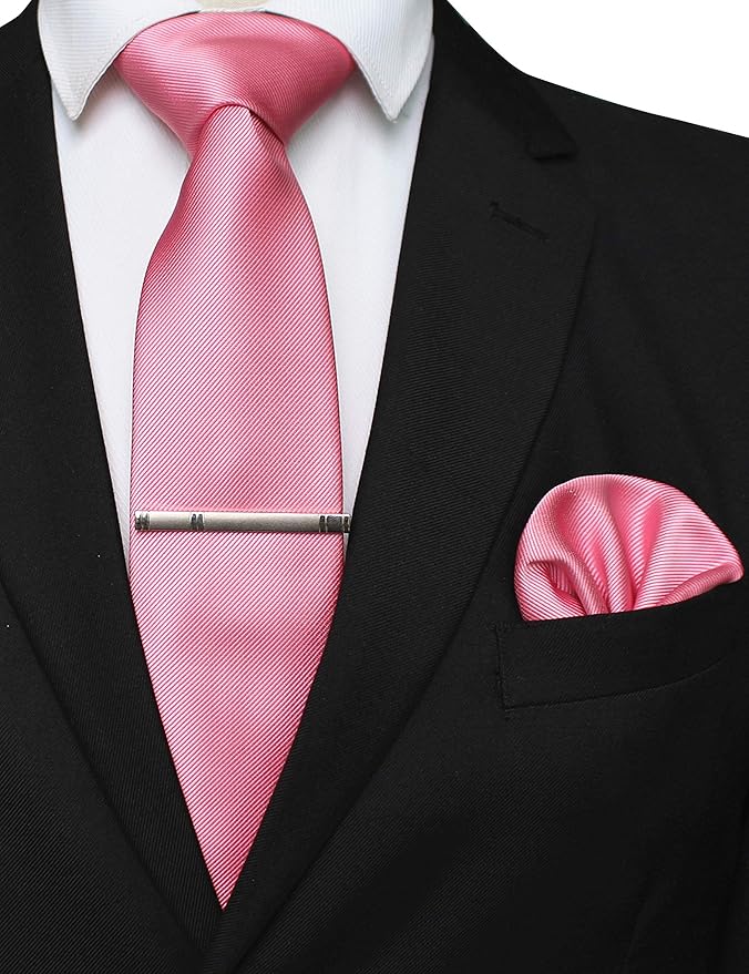 JEMYGINS Solid Color Formal Necktie and Pocket Square Tie Clip Sets for Men