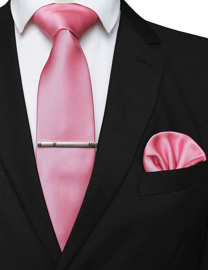 JEMYGINS Solid Color Formal Necktie and Pocket Square Tie Clip Sets for Men