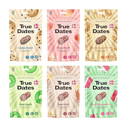 Candy Dates, Variety, 6-3.5 Ounce Bags (Creamy Peanut Butter, Cookie Dough, Sour Apple, Sour Cola, Sour Watermelon, Sweet Peach) - Dates With Candy Flavor, Vegan, No Added Sugar, Gluten Free