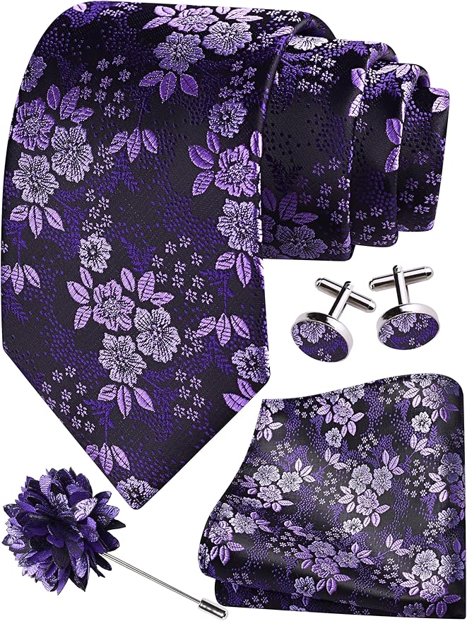 GUSLESON 3.15"（8cm） Mens Floral Tie and Lapel Pin Necktie Hankerchief Cufflinks Set for Men