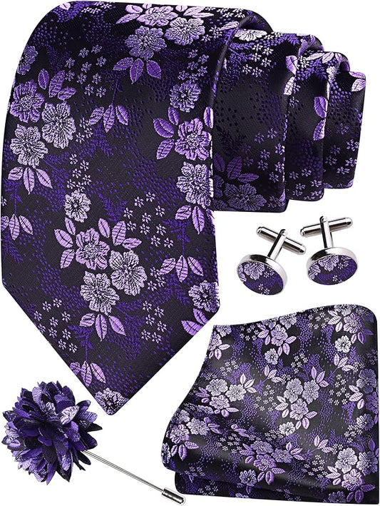 GUSLESON 3.15"（8cm） Mens Floral Tie and Lapel Pin Necktie Hankerchief Cufflinks Set for Men