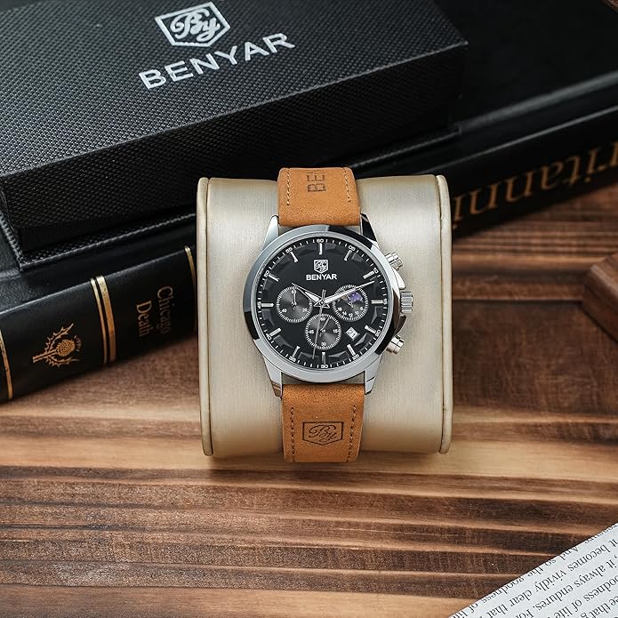 BY BENYAR Mens Watches Analog Quartz Chronograph Waterproof Wrist Watches for Men Fashion Business Work Casual Sport Designer Dress Watch with Calendar Elegant Gifts for Men