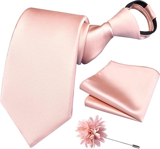 Branduce 3.15"（8cm） Pre-tied Adjustable Zipper Tie and Lapel Pin Solid Necktie Handkerchief Set for Men