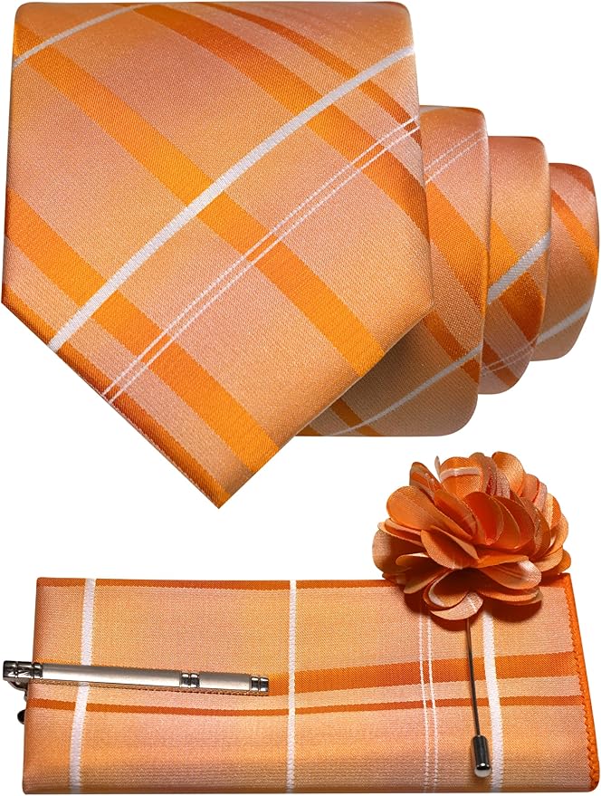 JEMYGINS Mens Striped Tie and Pocket Square with Tie Clip Lapel Pin Set 4PCS