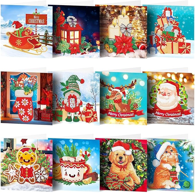 12 Packs DIY 5D Diamond Paint Christmas Cards, Round Drill Crystal Rhinestone Arts Craft Cards Kits, Xmas Santa Claus Elk Diamond Art Greeting Cards for Birthday Thanksgiving Christmas Handmade Gift