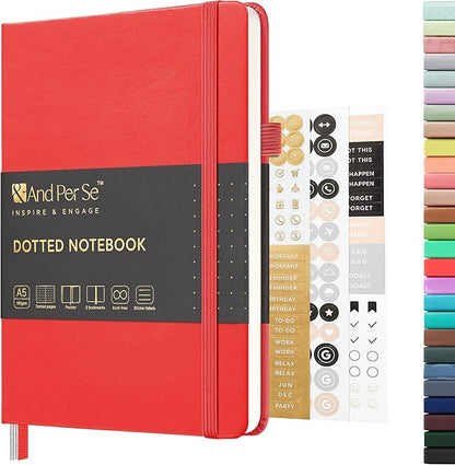 &And Per Se Dotted Journal Notebook, A5 Hardcover Leather Bullet Dotted Journal, 160 Pages 100 gsm Thick Paper, 3 Sheets of Stickers Included - 5.7'' x 8''（Red）