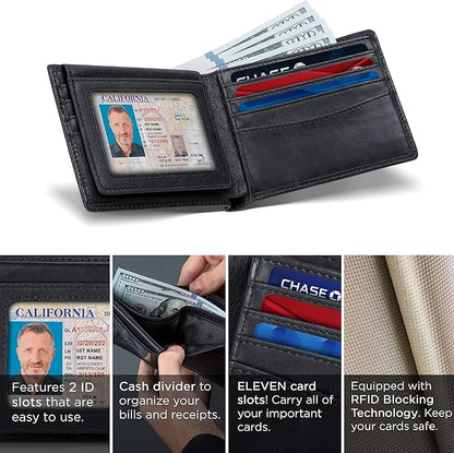 SERMAN BRANDS 2 ID Window Wallet for Men RFID Blocking Leather, Bifold Top Flip, Extra Capacity Travel Wallet
