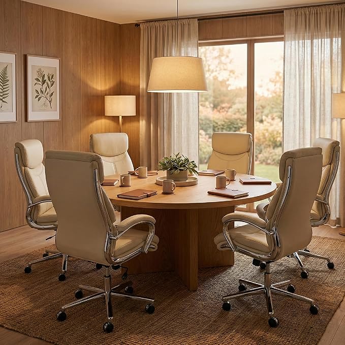 COLAMY Marcus Executive PU Leather Office Chair, High-Back Home Desk Chair Padded Seat & Back, Smooth-Rolling Casters – Luxury Ergonomic Desk Chair for Professional Workspaces (Beige)