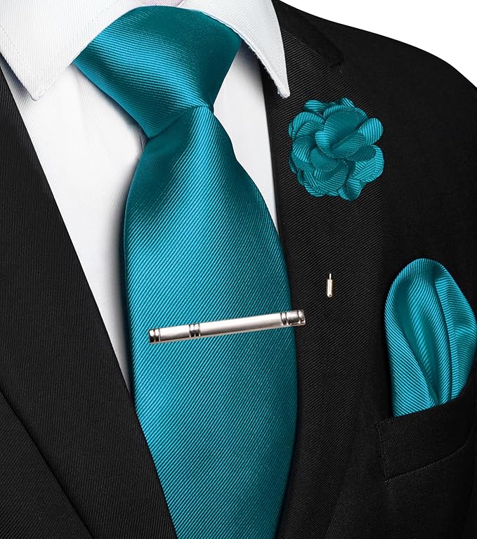 JEMYGINS Formal Necktie Solid Color Tie and Pocket Square with Tie Clip Lapel Pin Sets for Men 4PCS