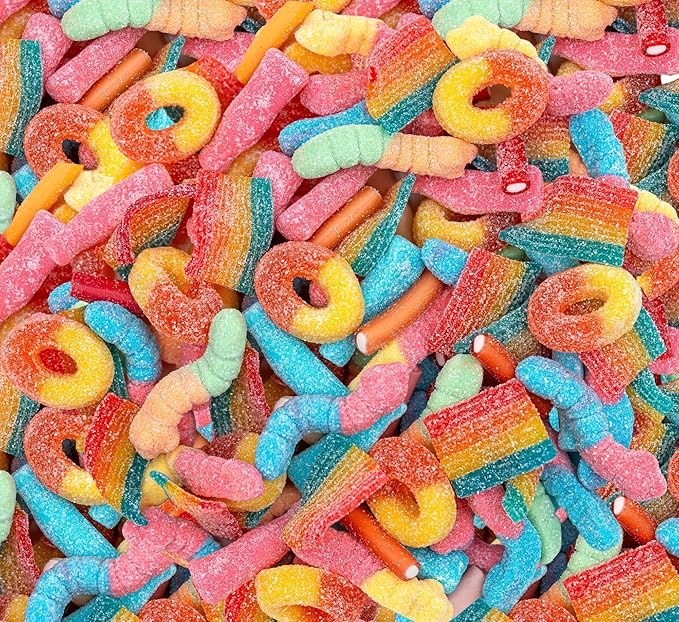 Gummy Candy Mix 2-Pound Bag | Peach Rings, Pencil Bites, Worms, Bottles, Belts | Sour and Sweet Treats