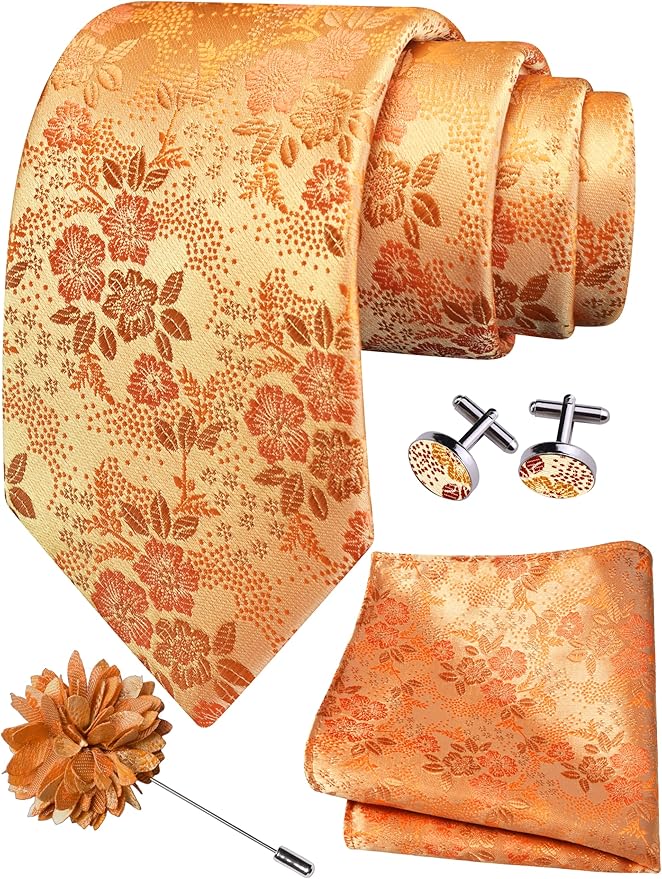 GUSLESON 3.15"（8cm） Mens Floral Tie and Lapel Pin Necktie Hankerchief Cufflinks Set for Men