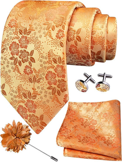 GUSLESON 3.15"（8cm） Mens Floral Tie and Lapel Pin Necktie Hankerchief Cufflinks Set for Men