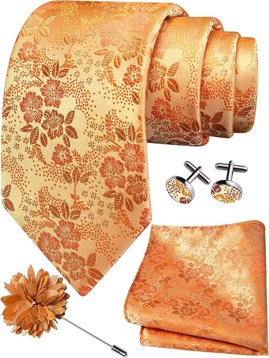 GUSLESON 3.15"（8cm） Mens Floral Tie and Lapel Pin Necktie Hankerchief Cufflinks Set for Men