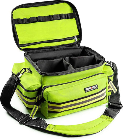 Scherber First Responder Fully-Stocked Professional Essentials EMT/EMS Trauma Kit | HSA/FSA Approved | Reflective Bag w/8 Zippered Pockets & Compartments & 200+ First Aid Supplies - Yellow