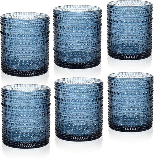 Cocktail Glasses 10 oz Hobnail Drinking Glasses Set of 6, Vintage Glassware, Textured Glass Cups Bubble Glasses Water Glasses Old Fashion Jupiter Glasses Set, Blue