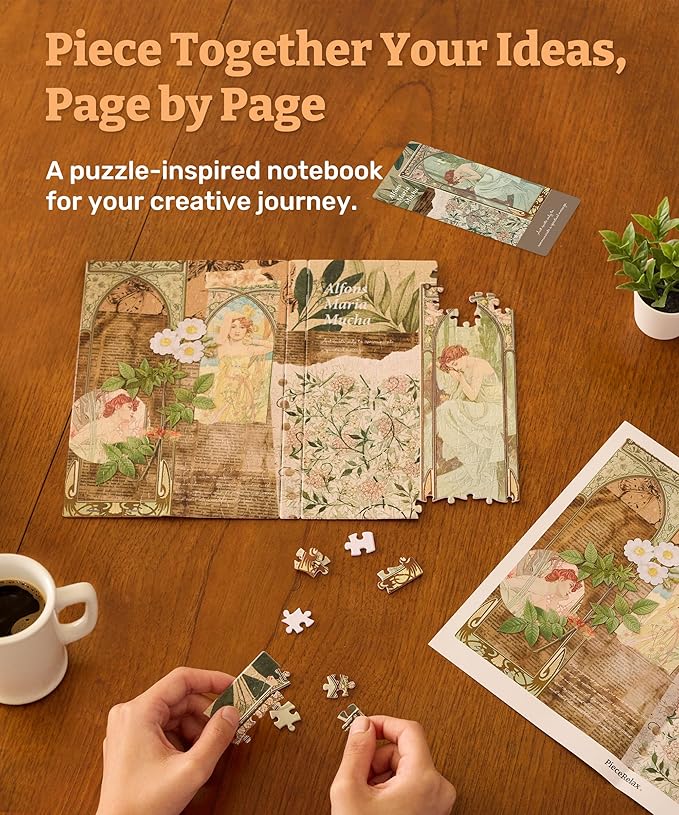 PieceRelax A5 Puzzle Journal for Adults, 300 Piece Plastic Jigsaw Book Cover (Includes Notebook) - Alphonse Mucha - The Times of The Day, Unique Gift [YA1059]