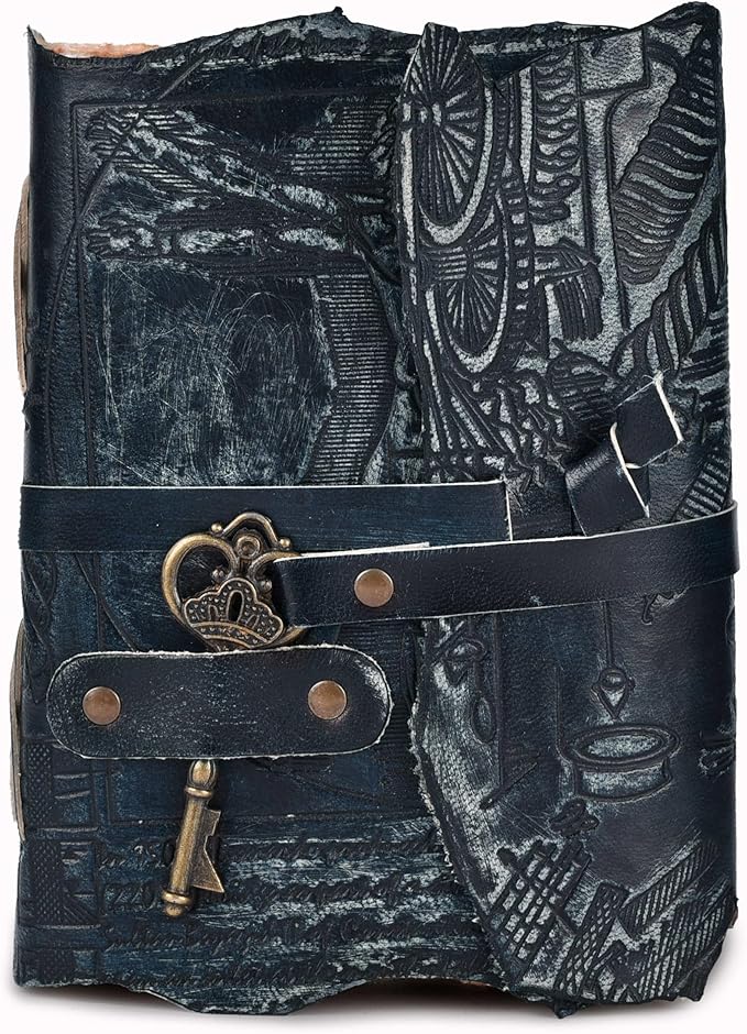 LEATHER VILLAGE Genuine Leather Handmade Journal for Men & Women – Vitruvian Man Embossed Cover – Key Closure – Book of Shadow – Vintage Deckle Edge Paper for Writing, Drawing – 7x5 Inches – Turquoise