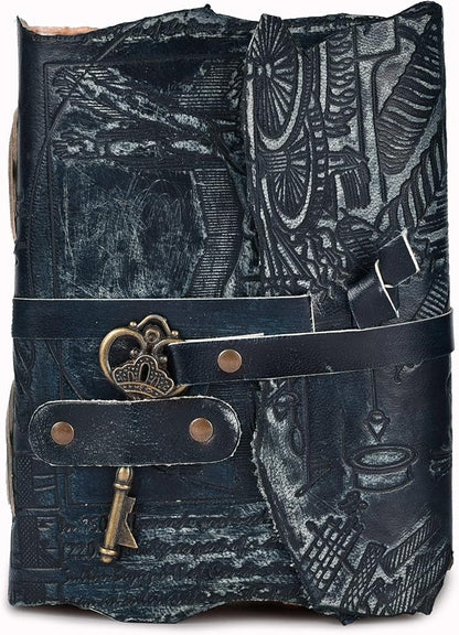 LEATHER VILLAGE Genuine Leather Handmade Journal for Men & Women – Vitruvian Man Embossed Cover – Key Closure – Book of Shadow – Vintage Deckle Edge Paper for Writing, Drawing – 7x5 Inches – Turquoise