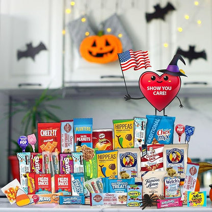 Gift A Snack - Halloween Candies Trick or Treats, Snack Box Care Package + Greeting Card (45 Count) Sweet Treats Gift Basket, Corn Candy Scary Spiders Stuffers Chips - Food Assortments