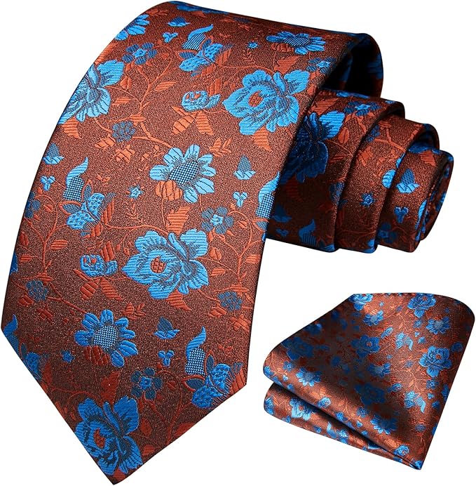 HISDERN Men Floral Ties Woven Classic 3.4" Necktie Set Formal Tie Pocket Square for Wedding with Handkerchief Gift Box