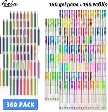 feela 360 Colors Gel Pens Set 180 Unique Gel Pen Plus 180 Refills for Adult Coloring Books Drawing