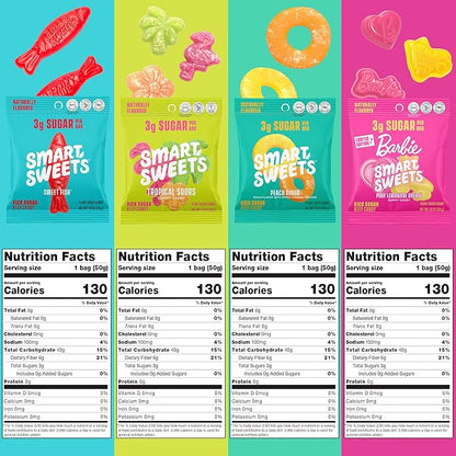 SmartSweets Variety Pack Candy, 1.8oz (Pack of 8), Candy With Low Sugar & Calorie, Healthy Snacks For Kids & Adults - Sweet Fish, Peach Rings, Tropical Sours, Barbie Pink Lemonade Dream