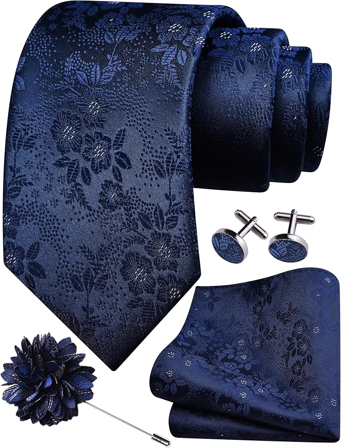 GUSLESON 3.15"（8cm） Mens Floral Tie and Lapel Pin Necktie Hankerchief Cufflinks Set for Men