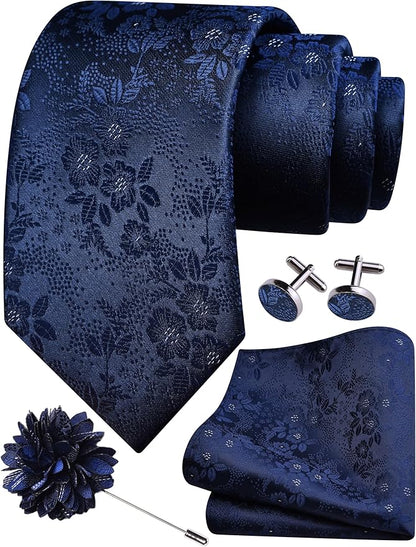 GUSLESON 3.15"（8cm） Mens Floral Tie and Lapel Pin Necktie Hankerchief Cufflinks Set for Men