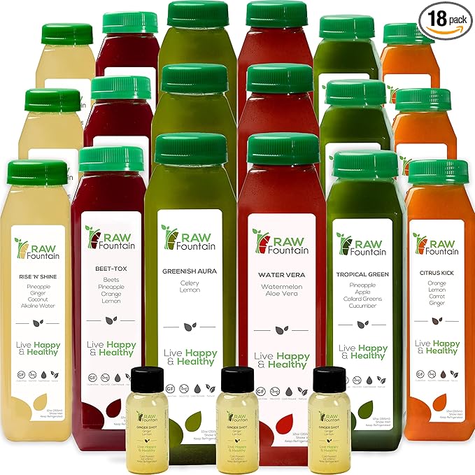 3 Day Juice Cleanse by Raw Fountain, Tropical Flavors, All Natural Raw, Cold Pressed Fruit and Vegetable Juices, Detox Cleanse, 18 Bottles 12oz, 3 Bonus Ginger Shots