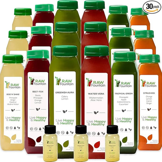 5 Day Juice Cleanse by Raw Fountain, Tropical Flavors, All Natural Raw, Cold Pressed Fruit and Vegetable Juices, Detox Cleanse, 30 Bottles 12oz, 5 Bonus Ginger Shots